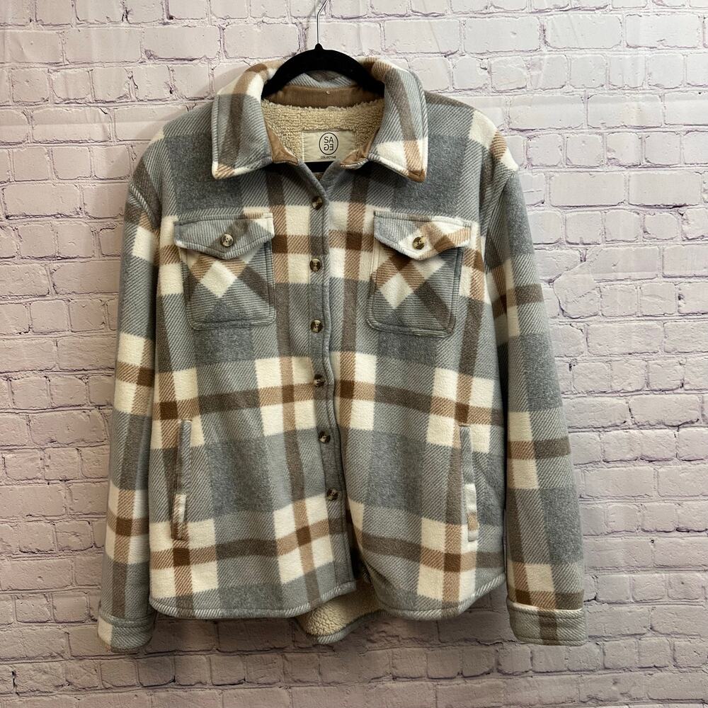 Sage Collective Sherpa Button Down Flannel Gray Brown Plaid Women's Large